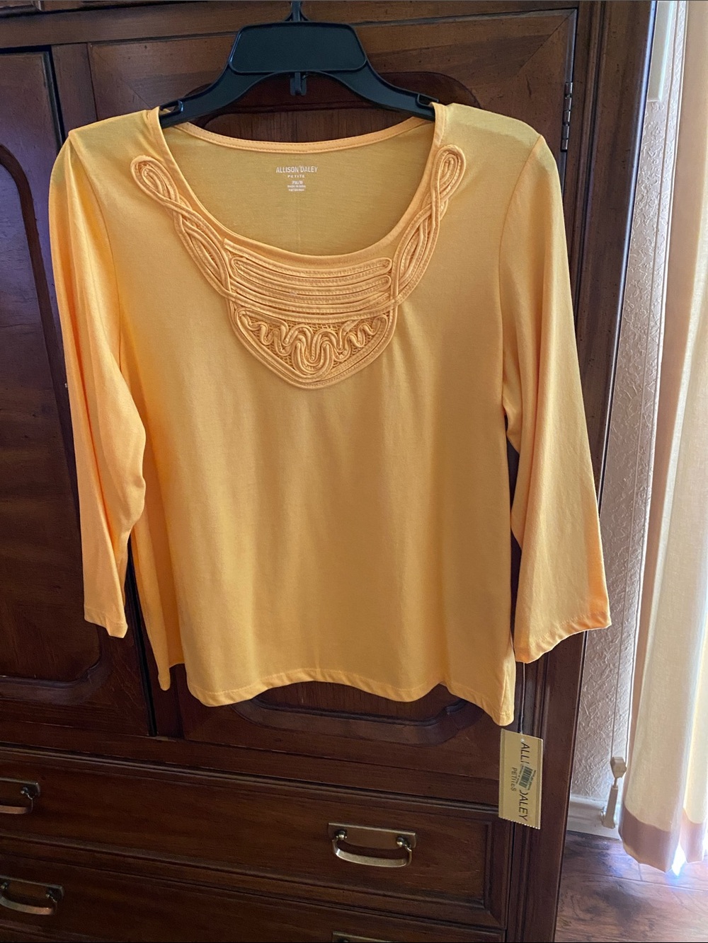 Allison Daley Golden Yellow Embroidered Scoop-Neck Long Sleeve Tee